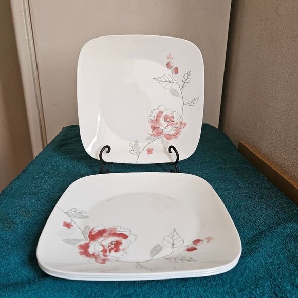 Corelle Blushing Rose 4 Pcs Square Dinner Plates - Picture 1 of 7